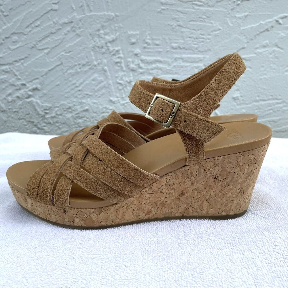 UGG Brown Chestnut Platform Wedge Suede Sandals